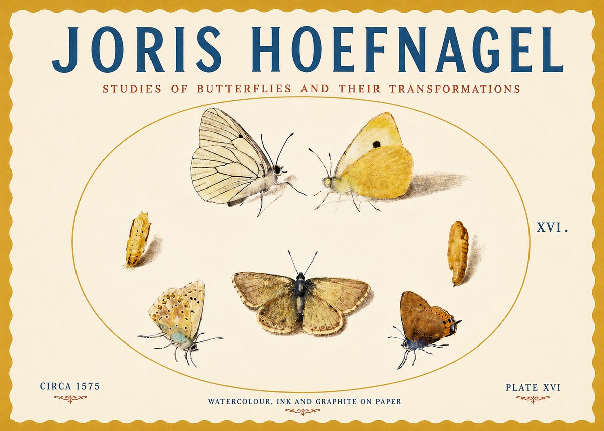 Joris Hoefnagel Studies of Butterflies and Their Transformations No5 - Affiche