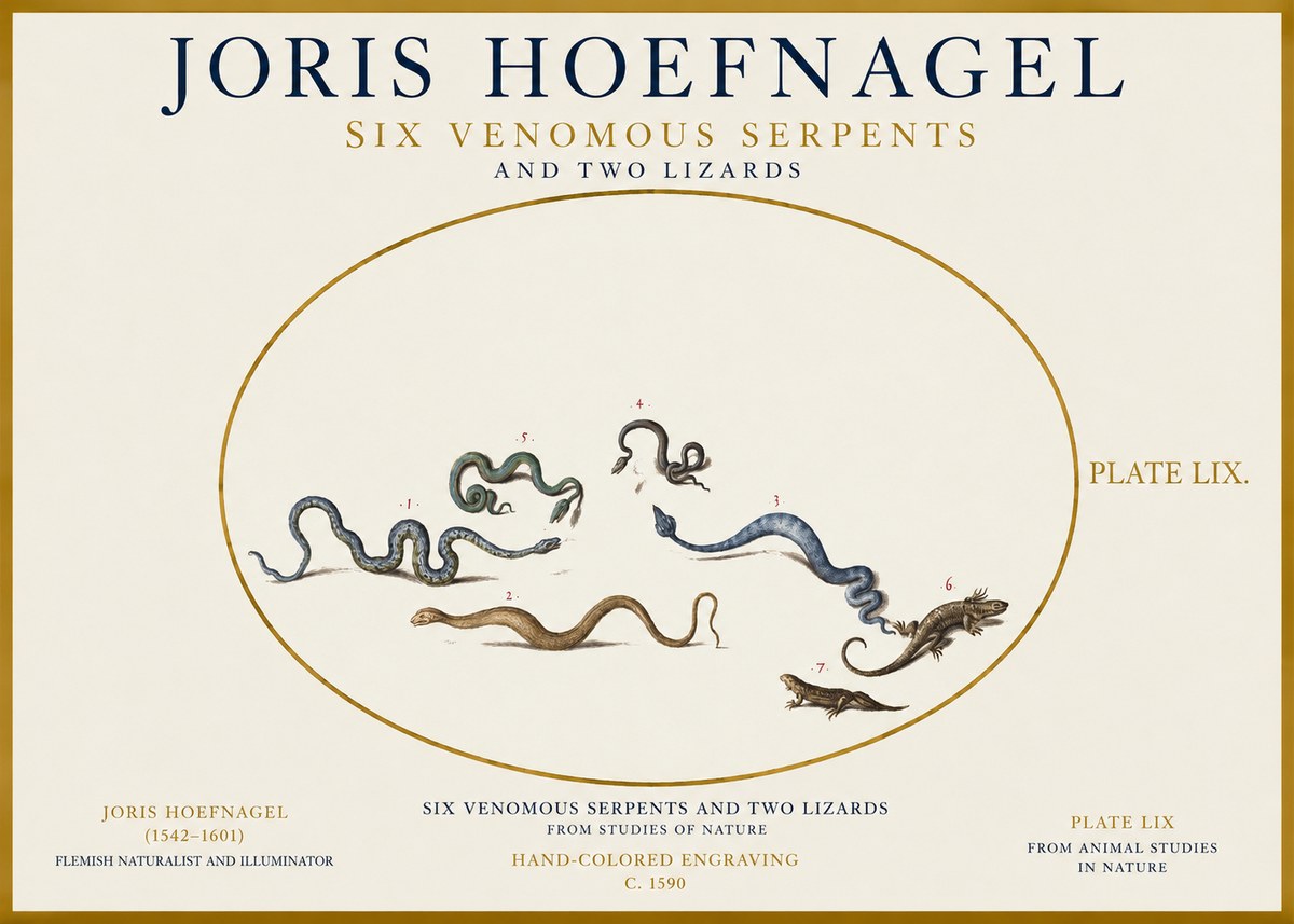 Joris Hoefnagel Six Venomous Serpents and Two Lizards No1 - Affiche