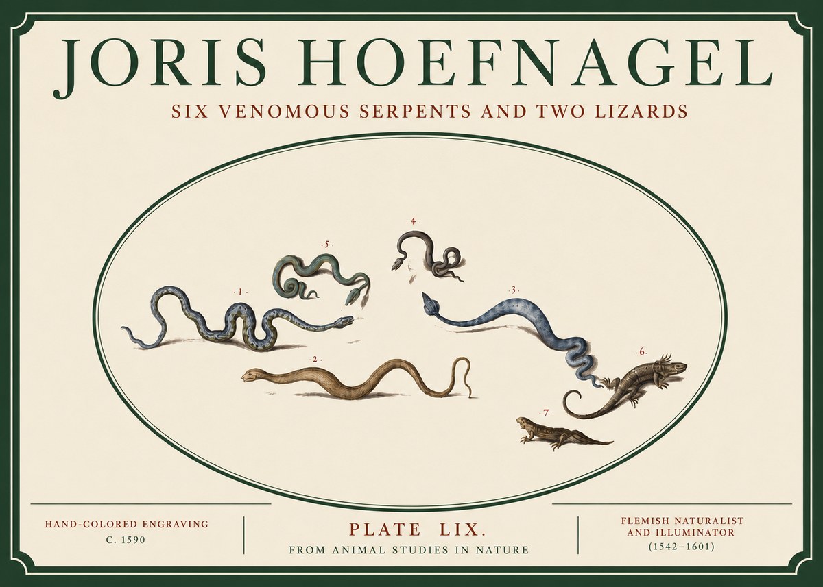 Joris Hoefnagel Six Venomous Serpents and Two Lizards No3 - Affiche