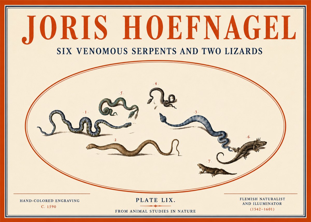 Joris Hoefnagel Six Venomous Serpents and Two Lizards No4 - Affiche