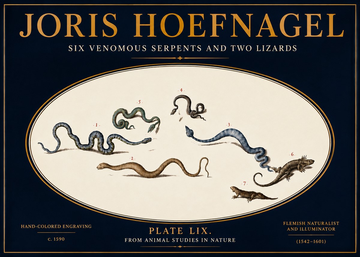 Joris Hoefnagel Six Venomous Serpents and Two Lizards No5 - Affiche