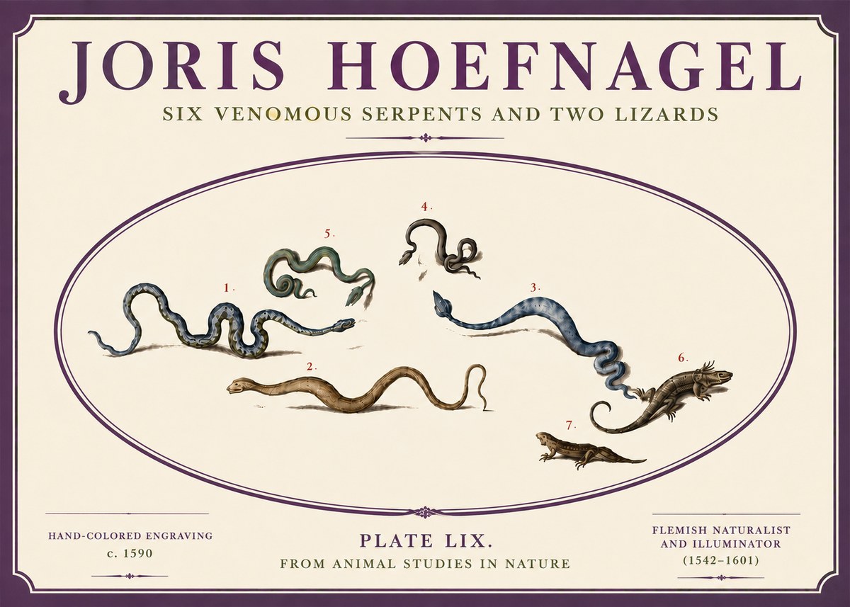 Joris Hoefnagel Six Venomous Serpents and Two Lizards No6 - Affiche
