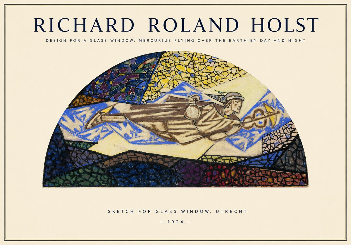 Richard Roland Holst Design for a Glass Window: Mercurius Flying over the Earth by Day and Night No1 - Affiche