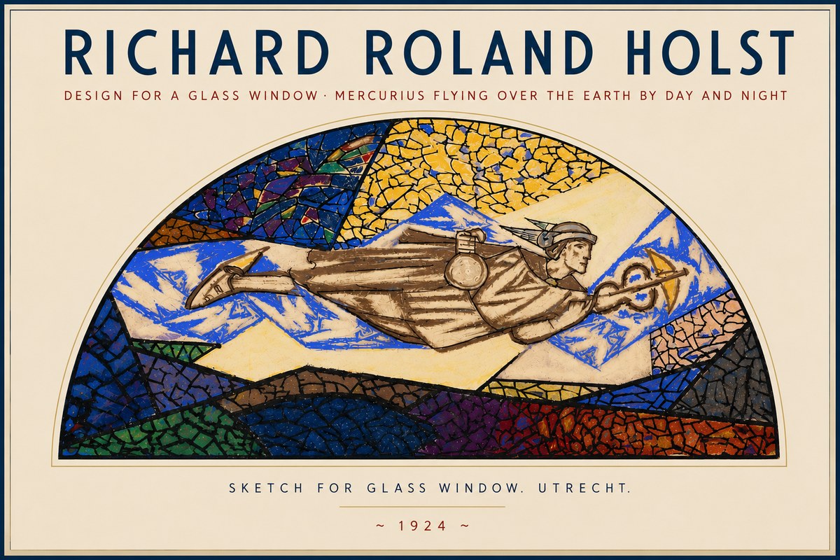 Richard Roland Holst Design for a Glass Window: Mercurius Flying over the Earth by Day and Night No4 - Affiche