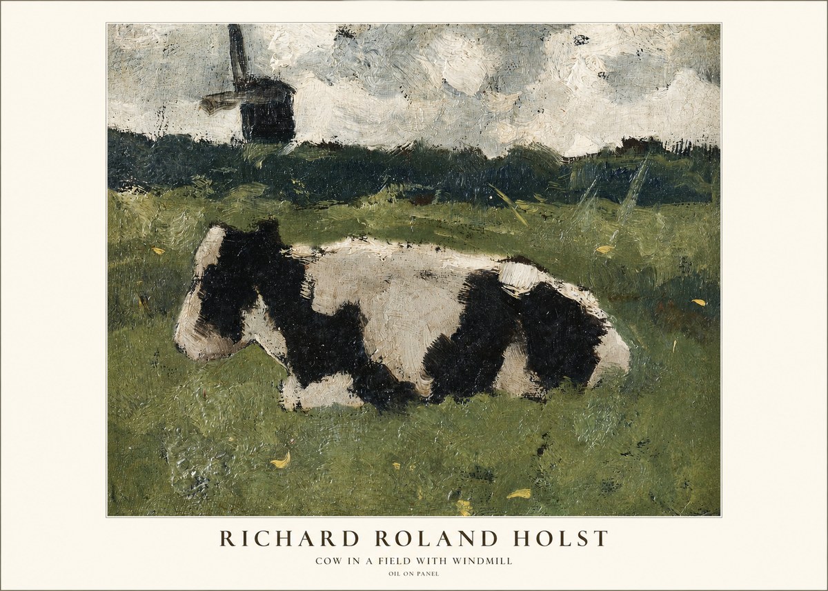 Richard Roland Holst Cow in a Field with Windmill No1 - Affiche