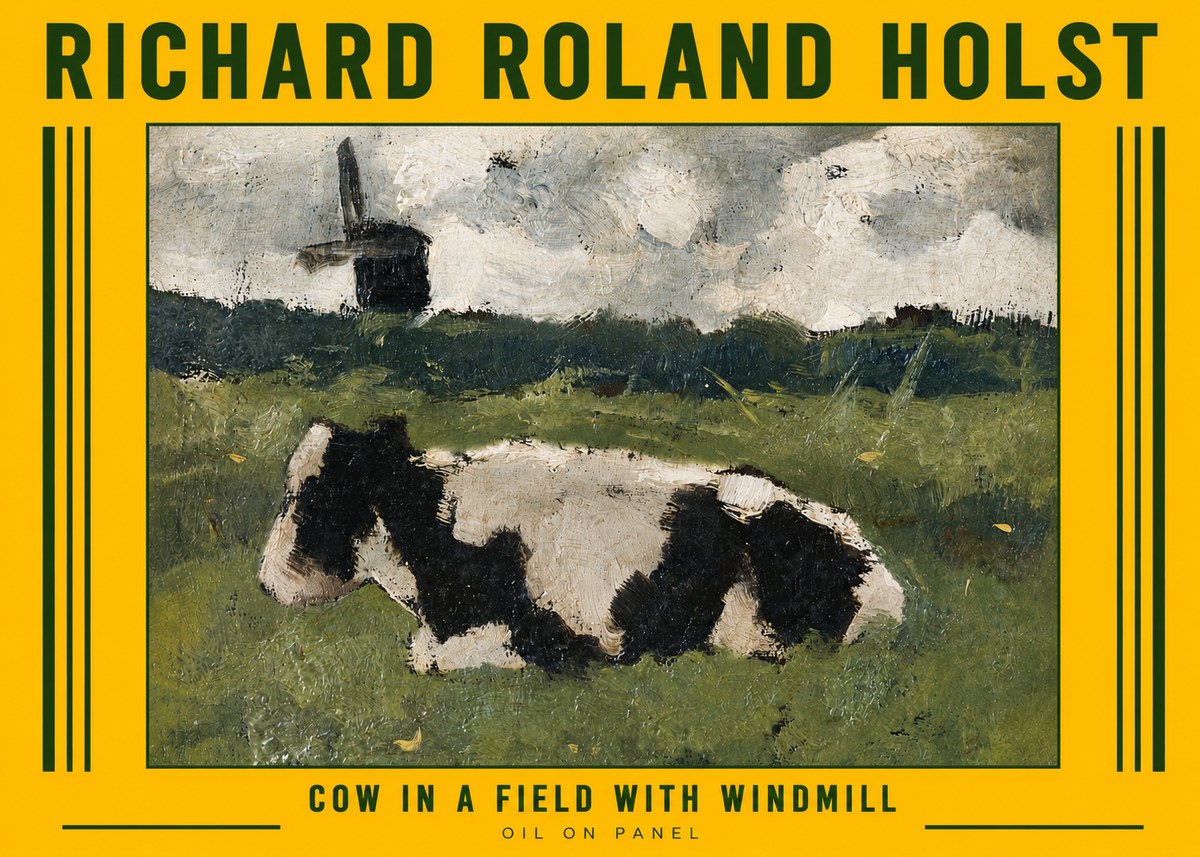 Richard Roland Holst Cow in a Field with Windmill No6 - Affiche