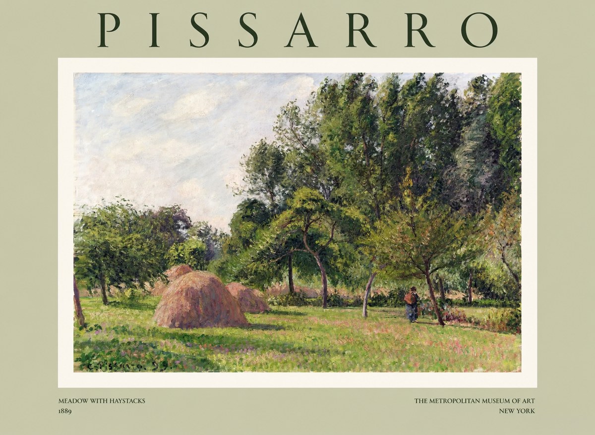Pissarro Meadow with Haystacks No1 - Affiche