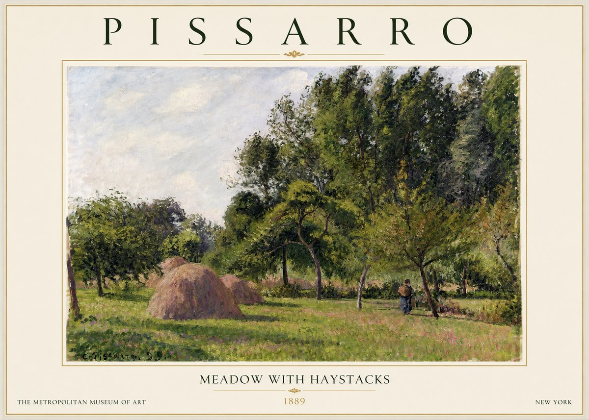 Pissarro Meadow with Haystacks No2 - Affiche