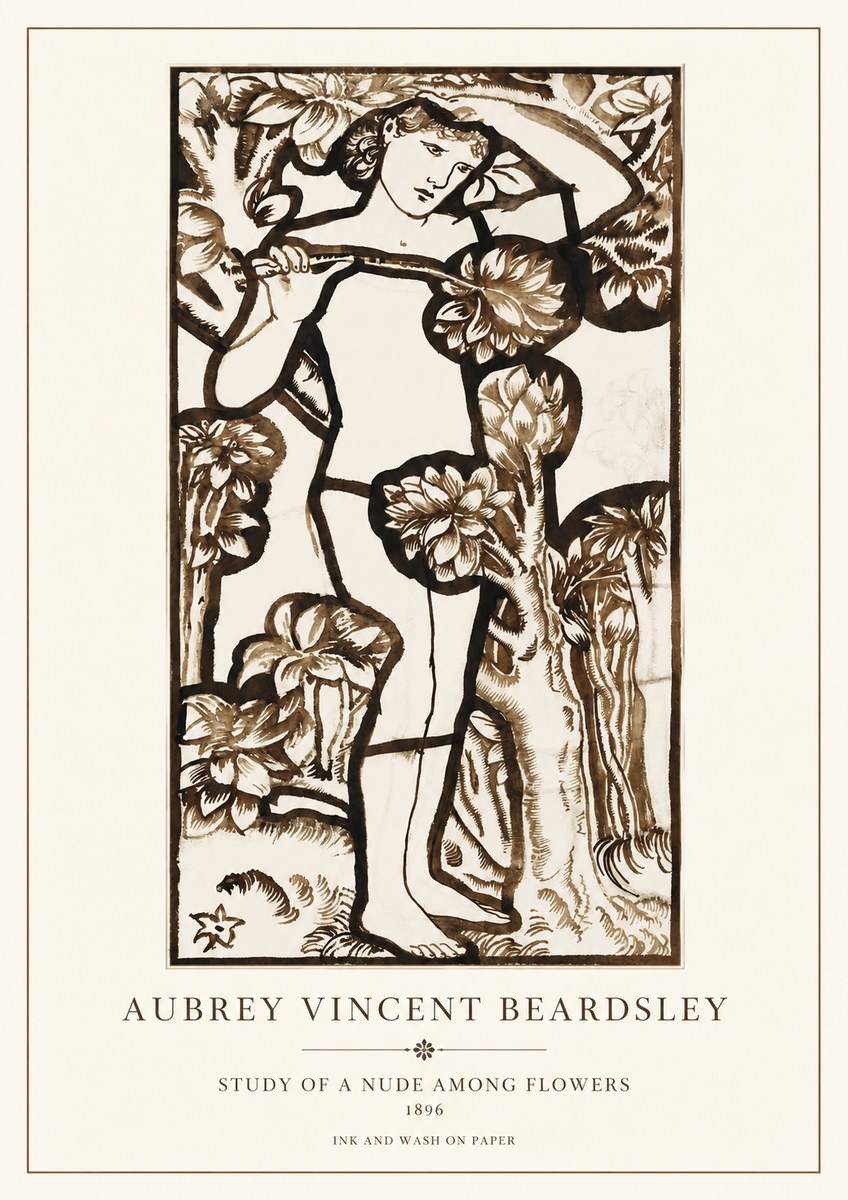 Aubrey Beardsley Study of a Nude Among Flowers No1 - Affiche