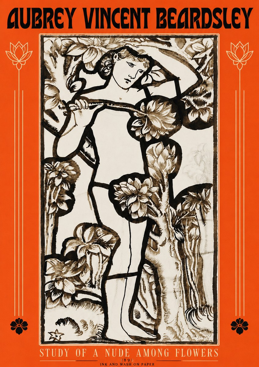 Aubrey Beardsley Study of a Nude Among Flowers No3 - Affiche