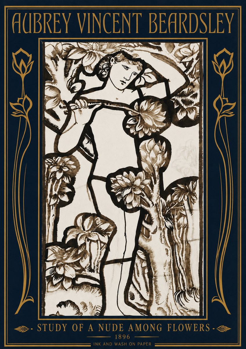 Aubrey Beardsley Study of a Nude Among Flowers No4 - Affiche