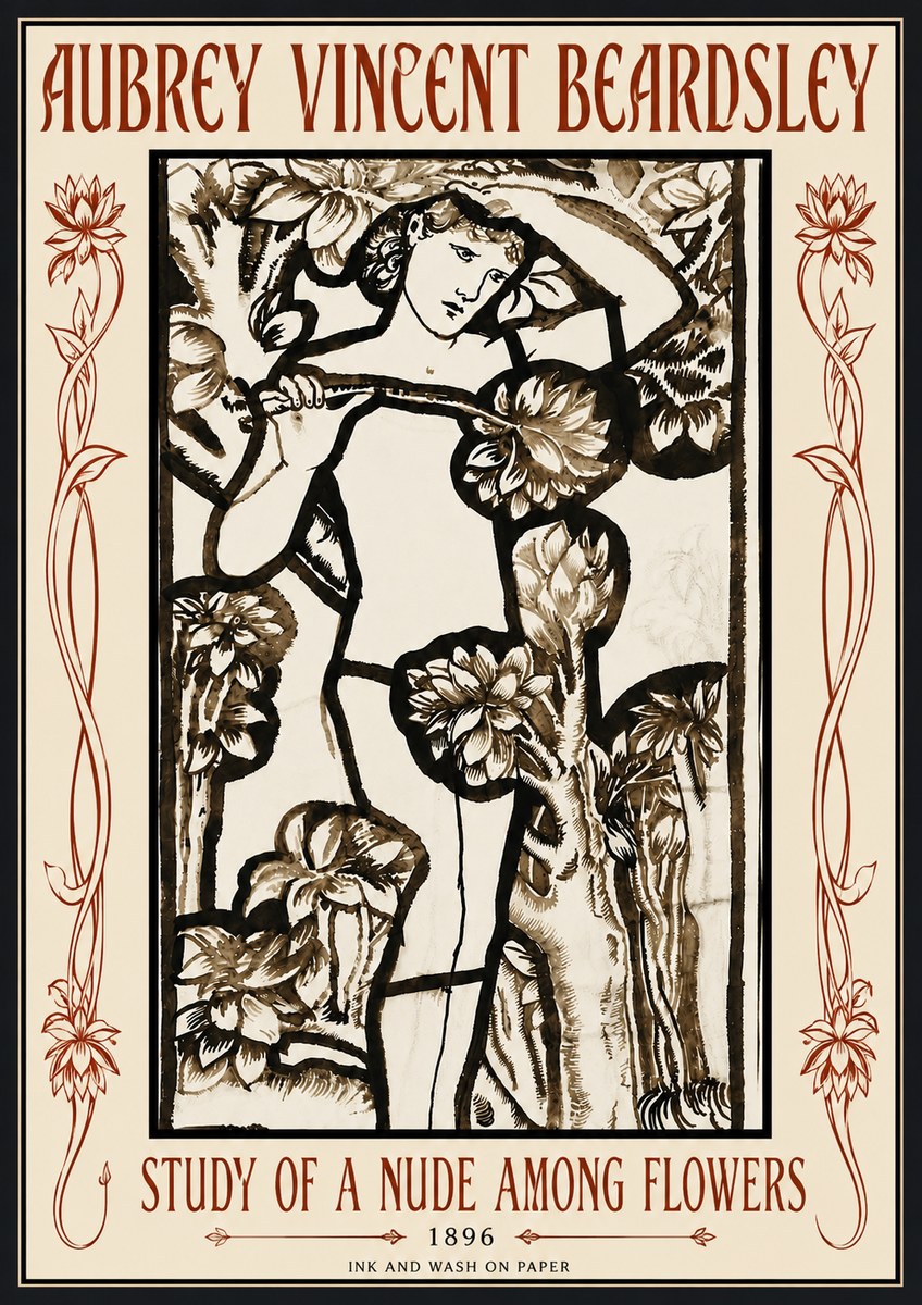 Aubrey Beardsley Study of a Nude Among Flowers No6 - Affiche