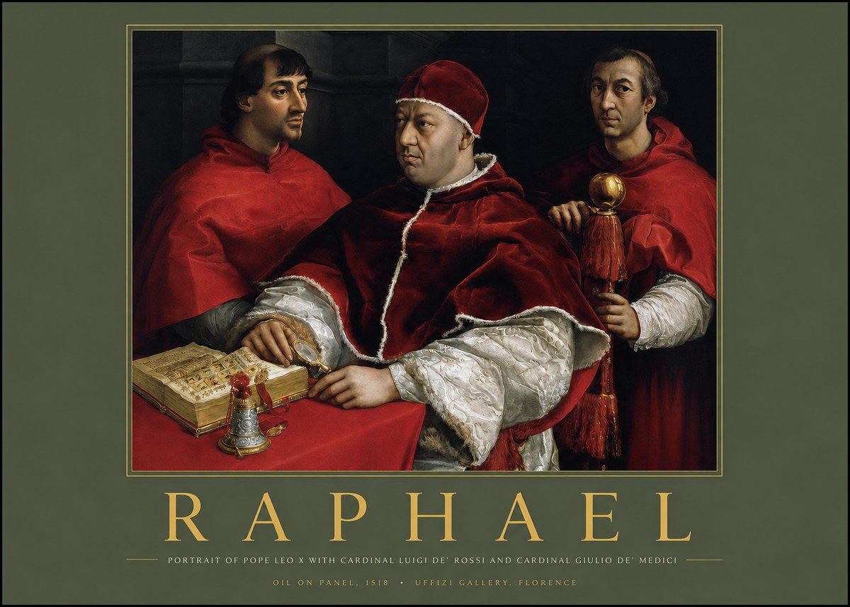 Raphael Portrait of Pope Leo X with Cardinal Luigi De' Rossi and Cardinal Giulio De' Medici No2 - Affiche