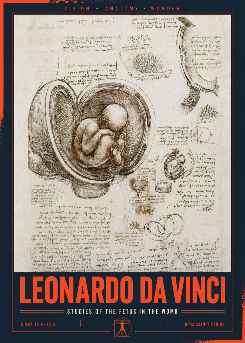 Leonardo da Vinci Studies of the Fetus in the Womb No2 - Affiche