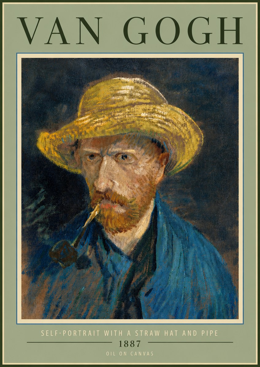 Van Gogh Self-portrait with a Straw Hat and Pipe No6 - Affiche