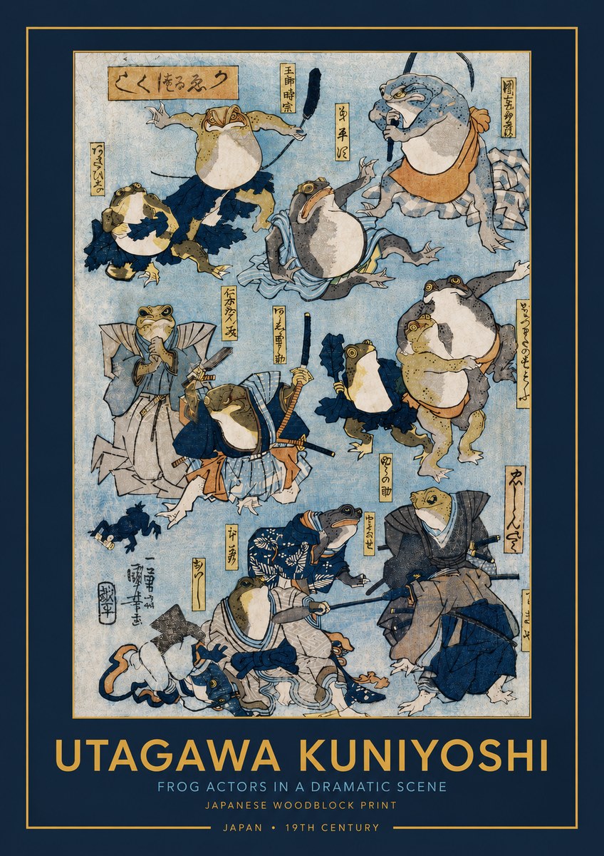 Utagawa Kuniyoshi Frog Actors in a Dramatic Scene No3 - Affiche