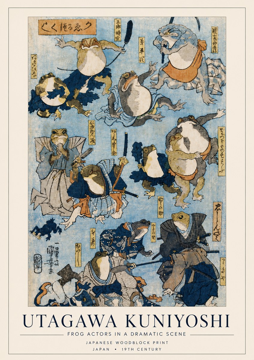 Utagawa Kuniyoshi Frog Actors in a Dramatic Scene No4 - Affiche