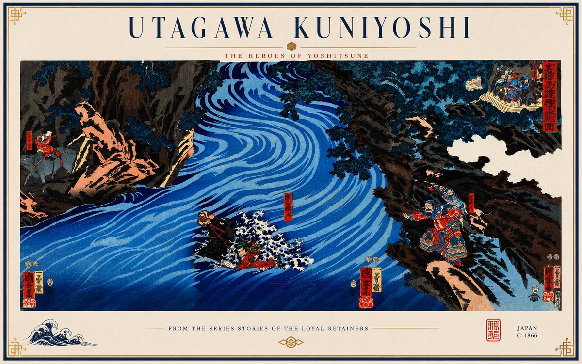 Utagawa Kuniyoshi The Heroes of Yoshitsune No3 - Affiche
