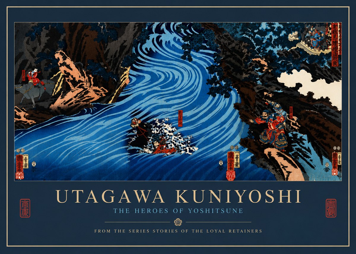 Utagawa Kuniyoshi The Heroes of Yoshitsune No5 - Affiche