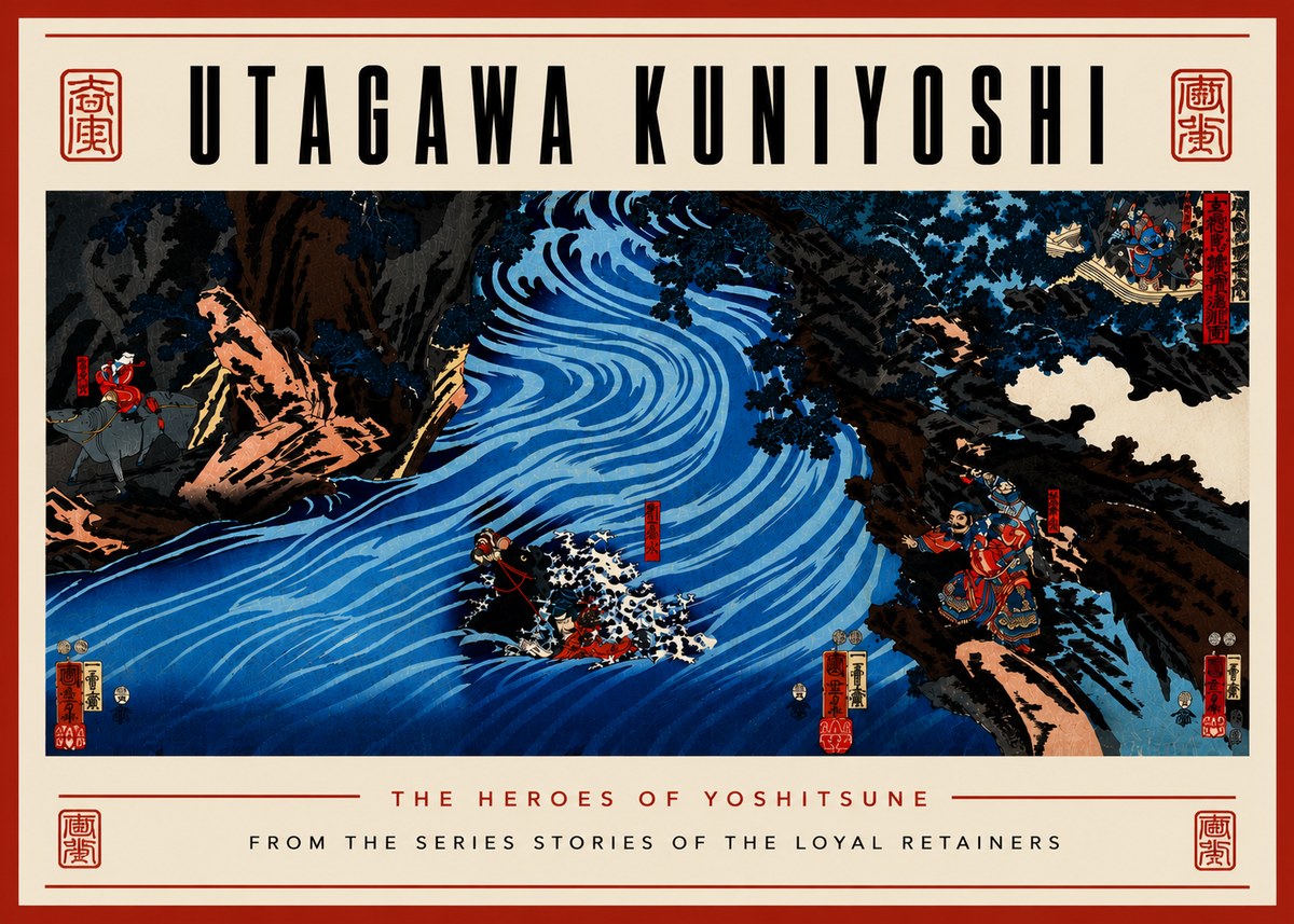 Utagawa Kuniyoshi The Heroes of Yoshitsune No6 - Affiche