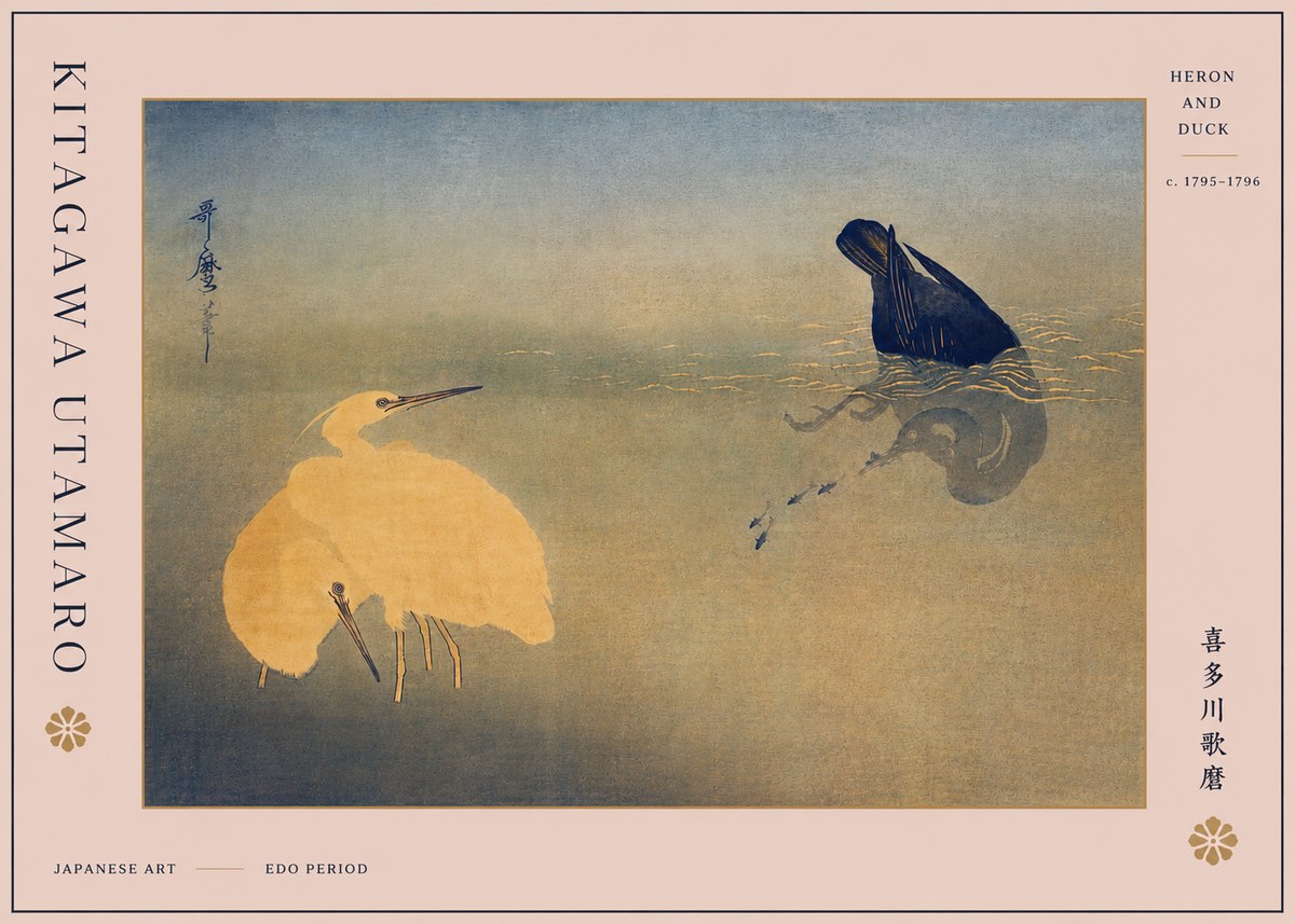 Kitagawa Utamaro Heron and Duck No5 - Affiche