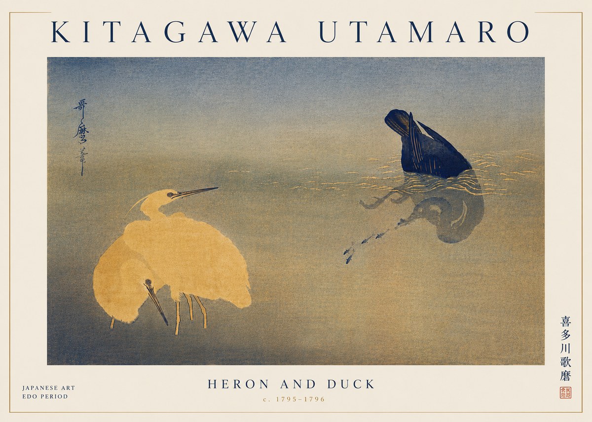 Kitagawa Utamaro Heron and Duck No6 - Affiche
