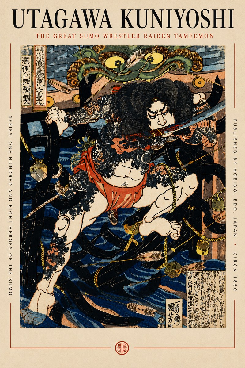 Utagawa Kuniyoshi The Great Sumo Wrestler Raiden Tameemon No6 - Affiche
