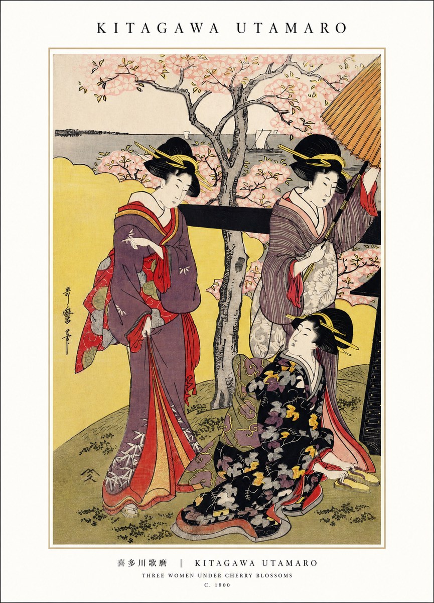 Kitagawa Utamaro Three Women Under Cherry Blossoms No1 - Affiche