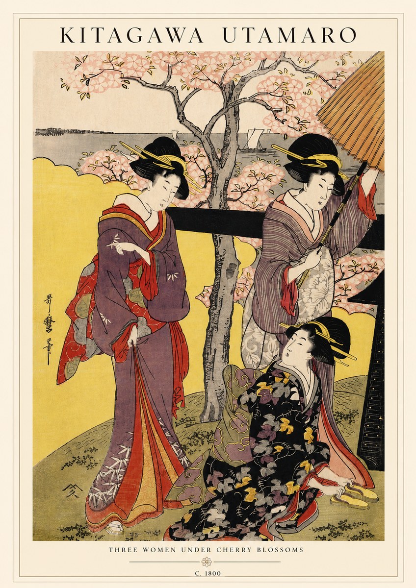 Kitagawa Utamaro Three Women Under Cherry Blossoms No3 - Affiche
