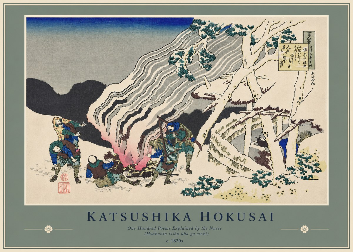 Katsushika Hokusai One Hundred Poems Explained by the Nurse (Hyakunin Isshu Uba Ga Etoki) No4 - Affiche