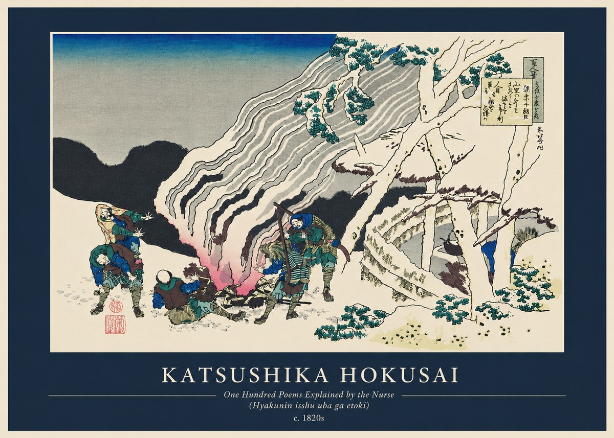 Katsushika Hokusai One Hundred Poems Explained by the Nurse (Hyakunin Isshu Uba Ga Etoki) No6 - Affiche