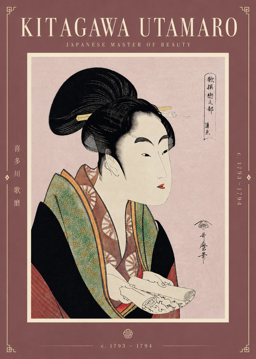 Kitagawa Utamaro Courtesan Reading a Scroll No5 - Affiche