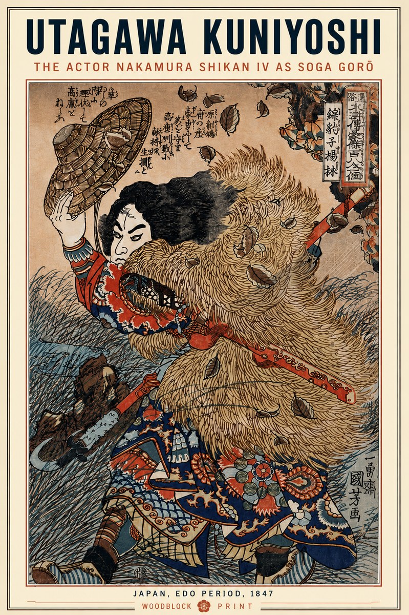 Utagawa Kuniyoshi The Actor Nakamura Shikan Iv as Soga Gorō No5 - Affiche