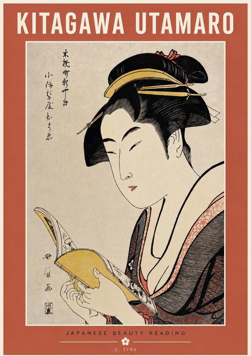 Kitagawa Utamaro Japanese Beauty Reading No5 - Affiche