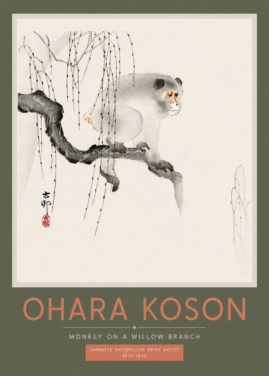 Ohara Koson Monkey on a Willow Branch No2 - Affiche