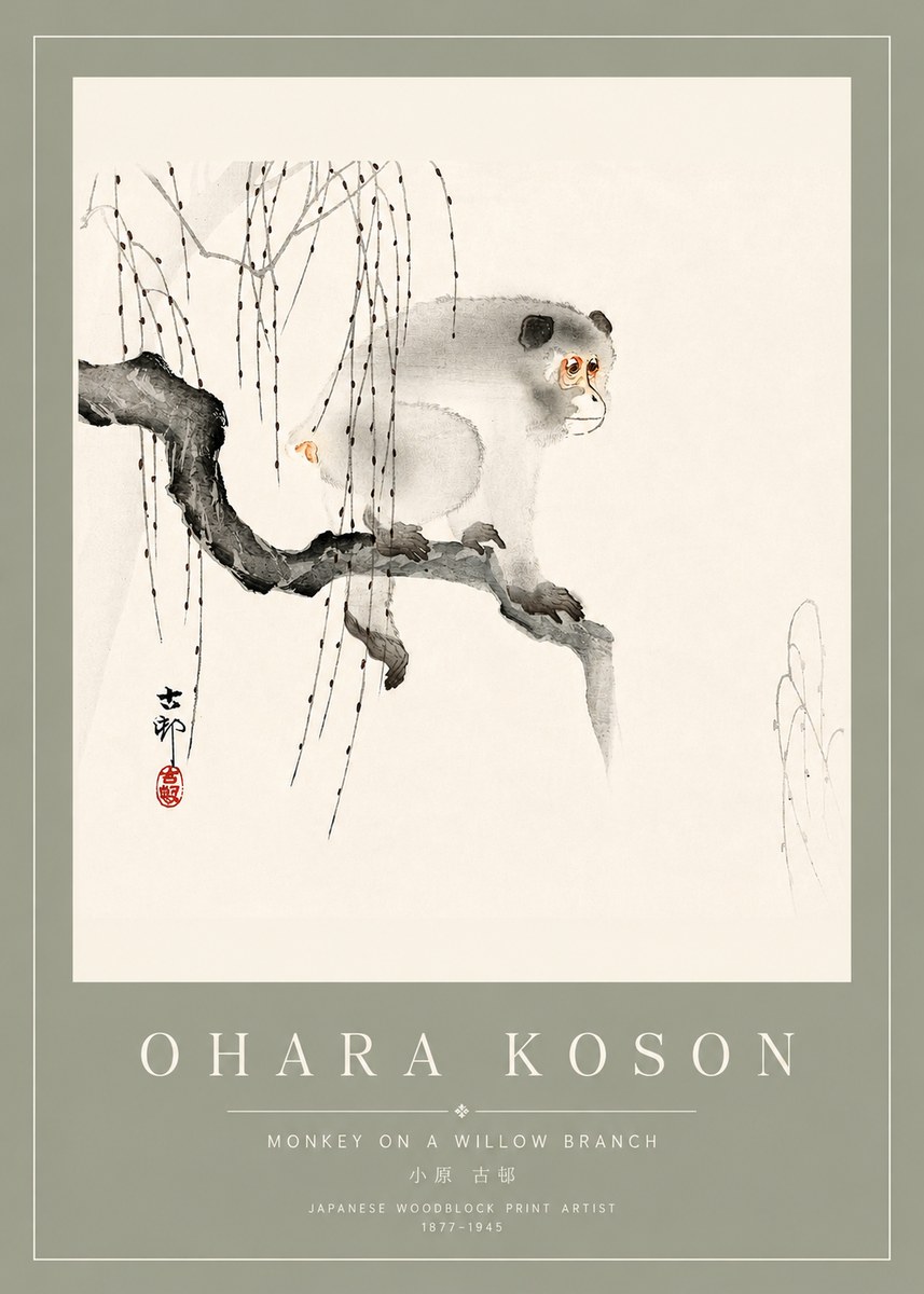 Ohara Koson Monkey on a Willow Branch No4 - Affiche