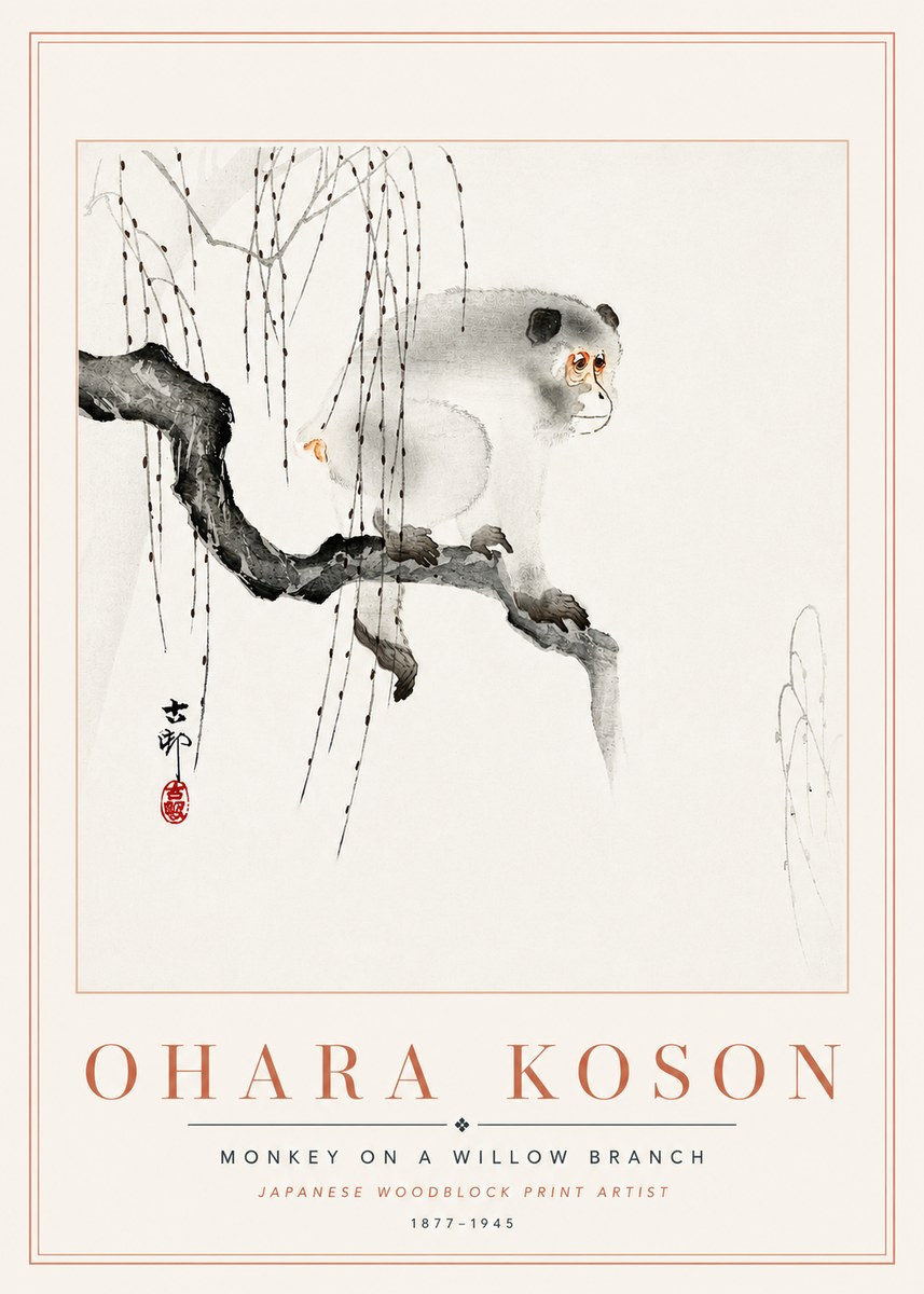 Ohara Koson Monkey on a Willow Branch No6 - Affiche