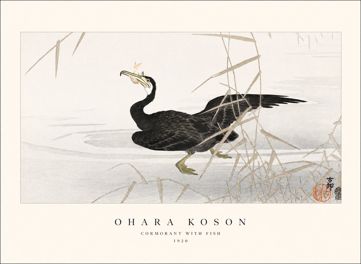 Ohara Koson Cormorant with Fish No1 - Affiche