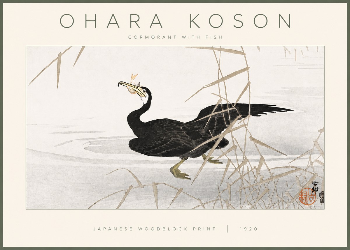 Ohara Koson Cormorant with Fish No3 - Affiche