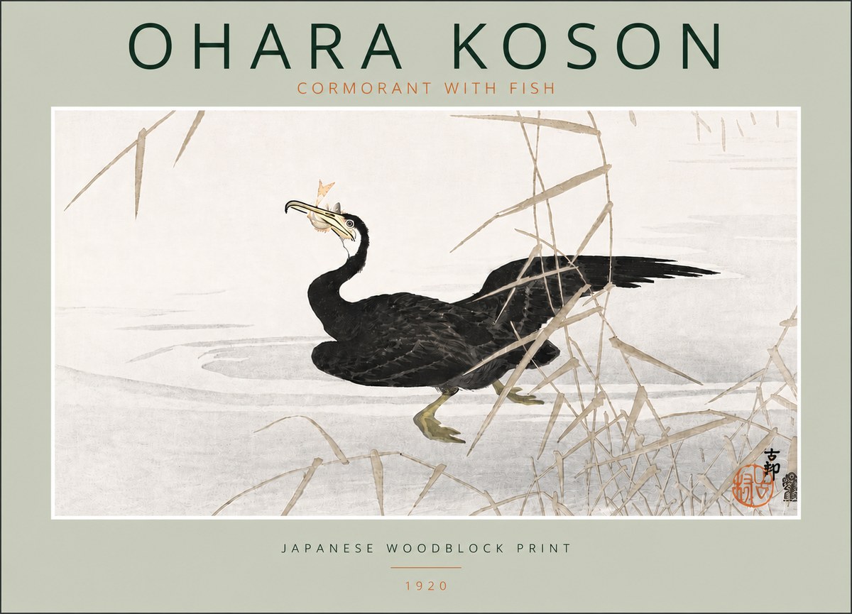 Ohara Koson Cormorant with Fish No5 - Affiche