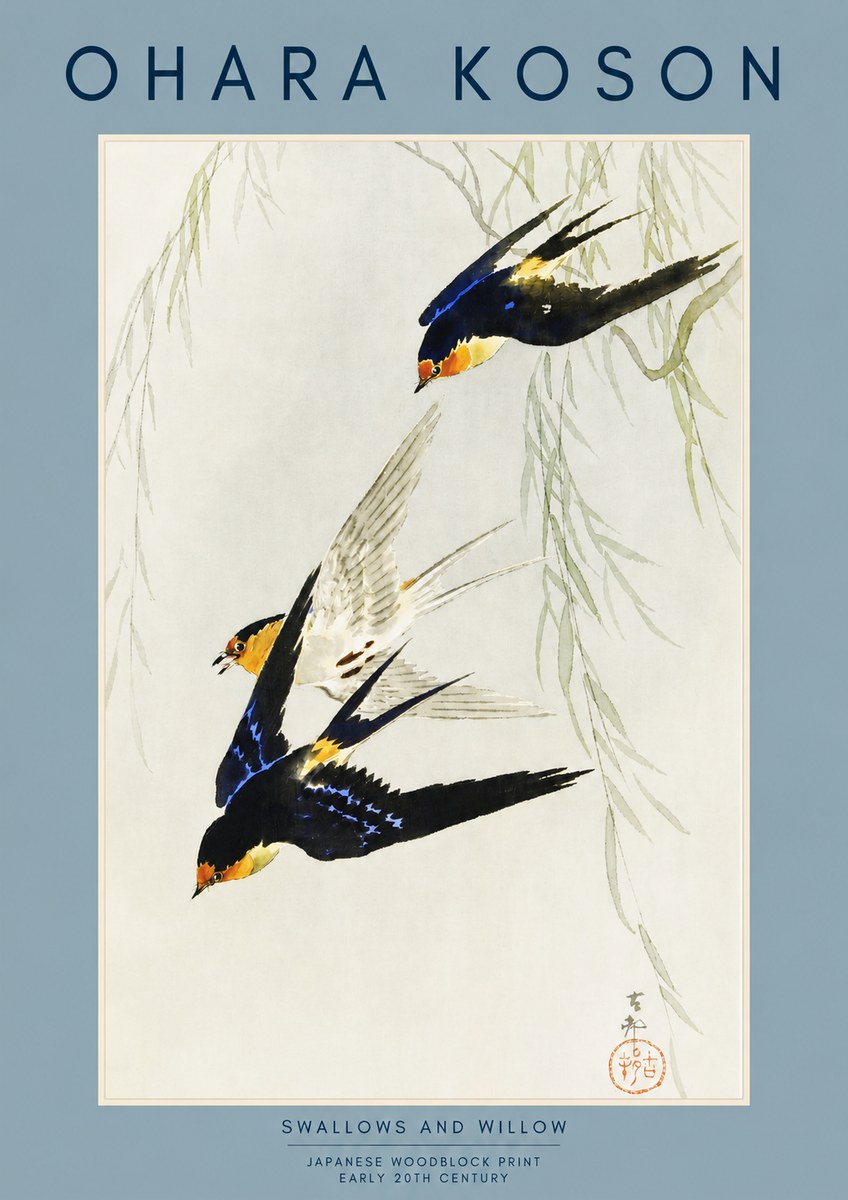 Ohara Koson Swallows and Willow I No2 - Affiche