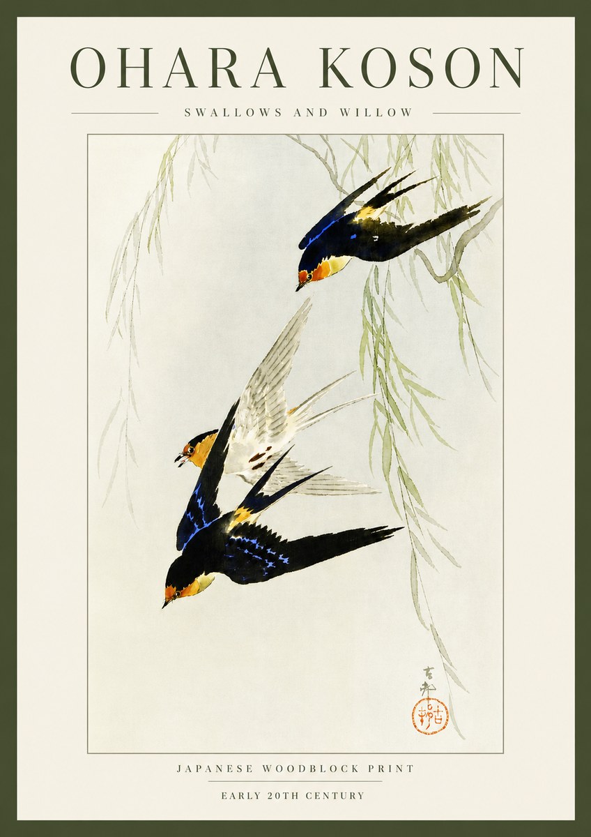 Ohara Koson Swallows and Willow I No3 - Affiche