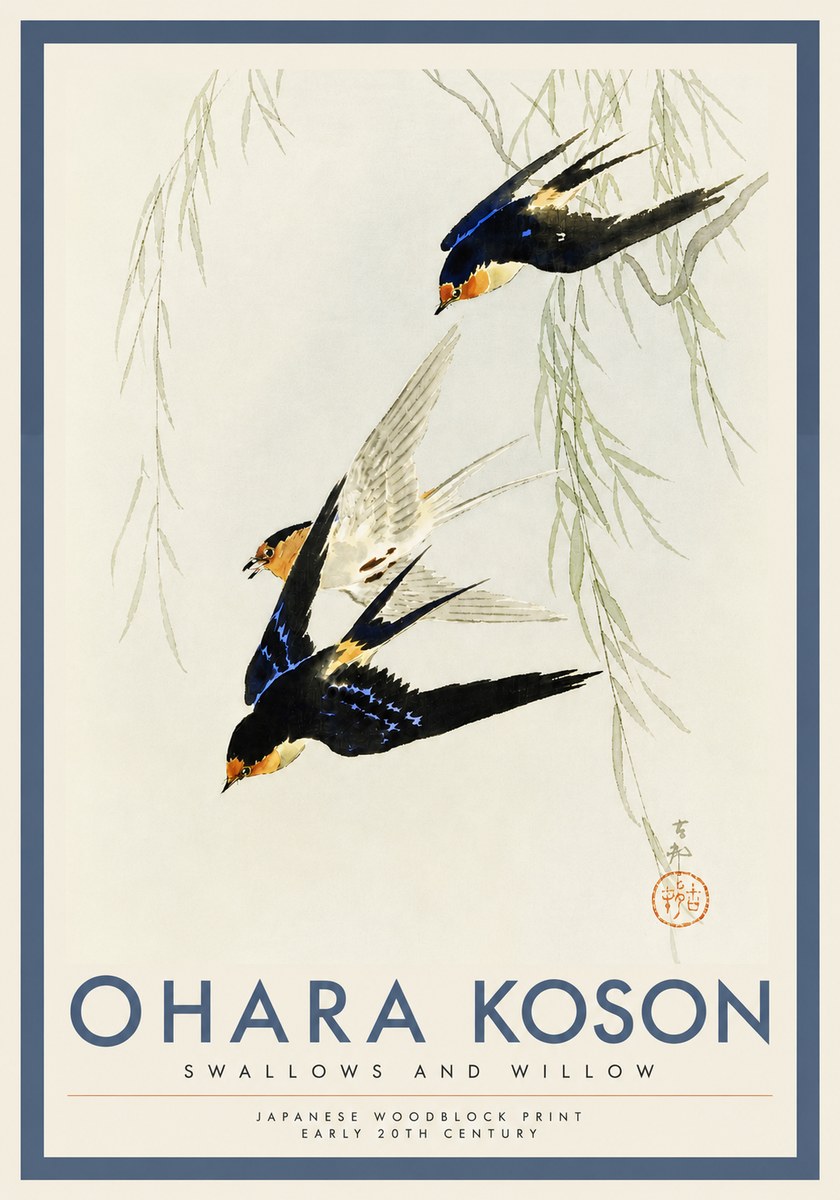 Ohara Koson Swallows and Willow I No4 - Affiche