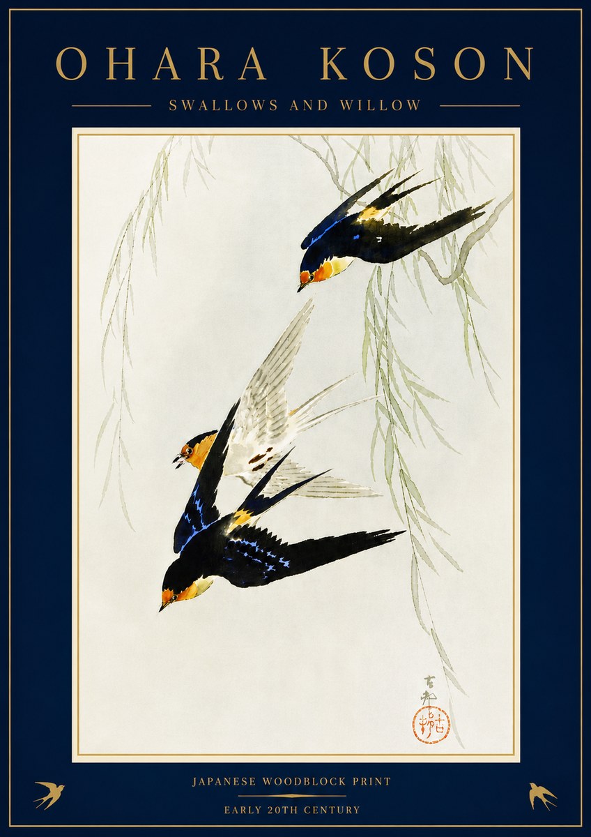 Ohara Koson Swallows and Willow I No5 - Affiche