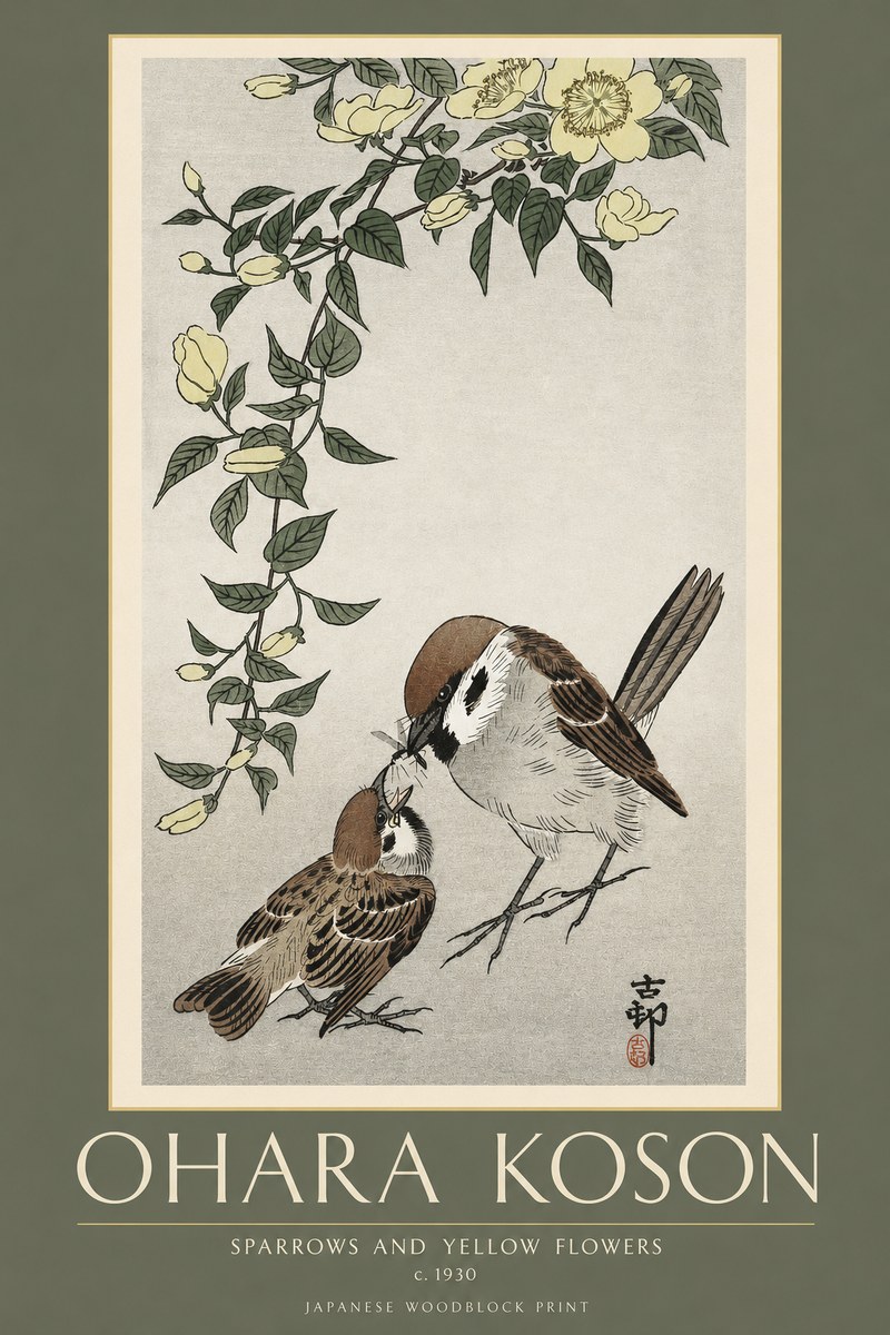 Ohara Koson Sparrows and Yellow Flowers No2 - Affiche