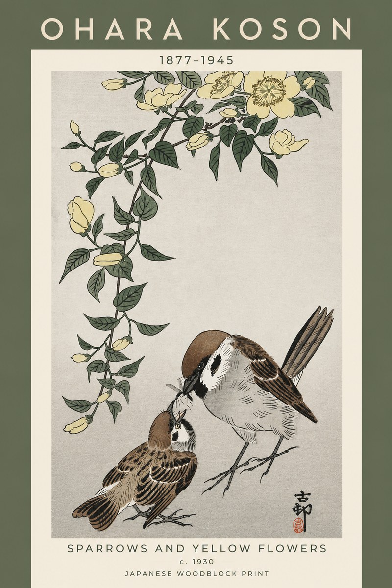 Ohara Koson Sparrows and Yellow Flowers No5 - Affiche