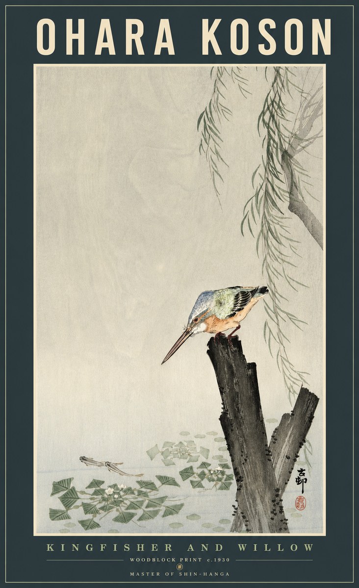 Ohara Koson Kingfisher and Willow No2 - Affiche