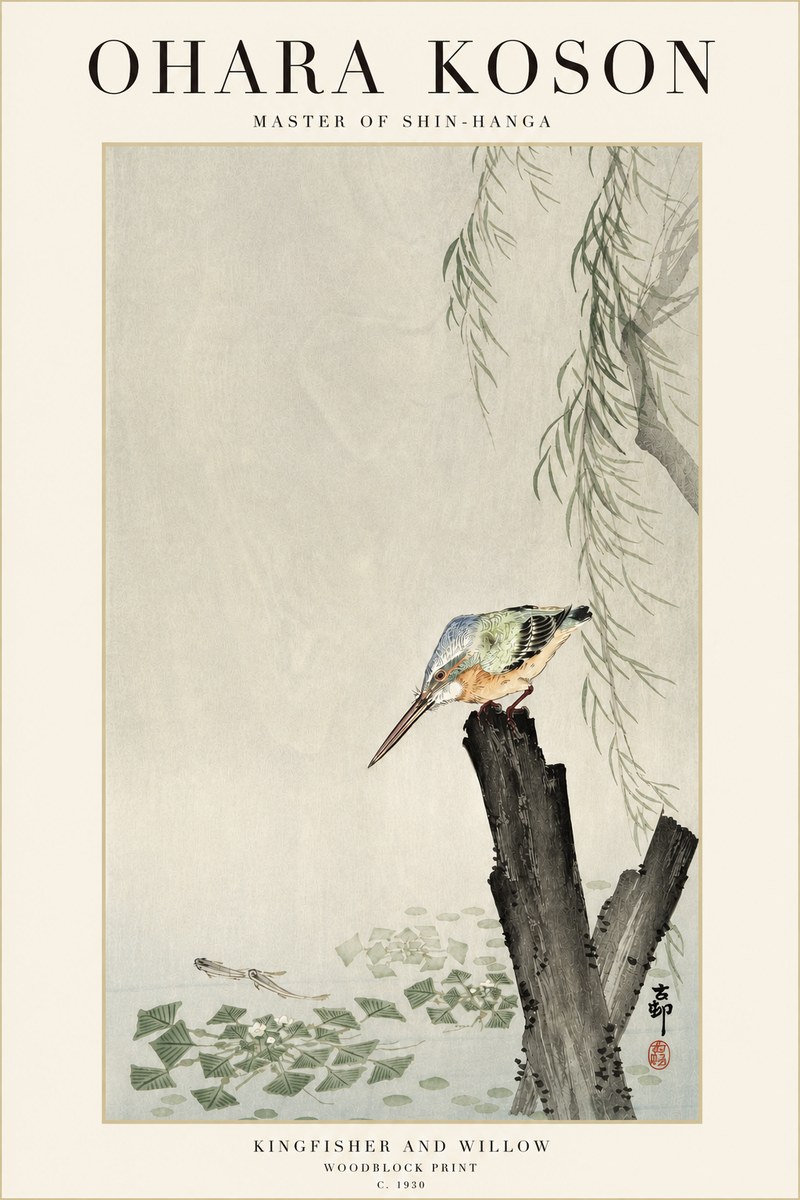 Ohara Koson Kingfisher and Willow No3 - Affiche