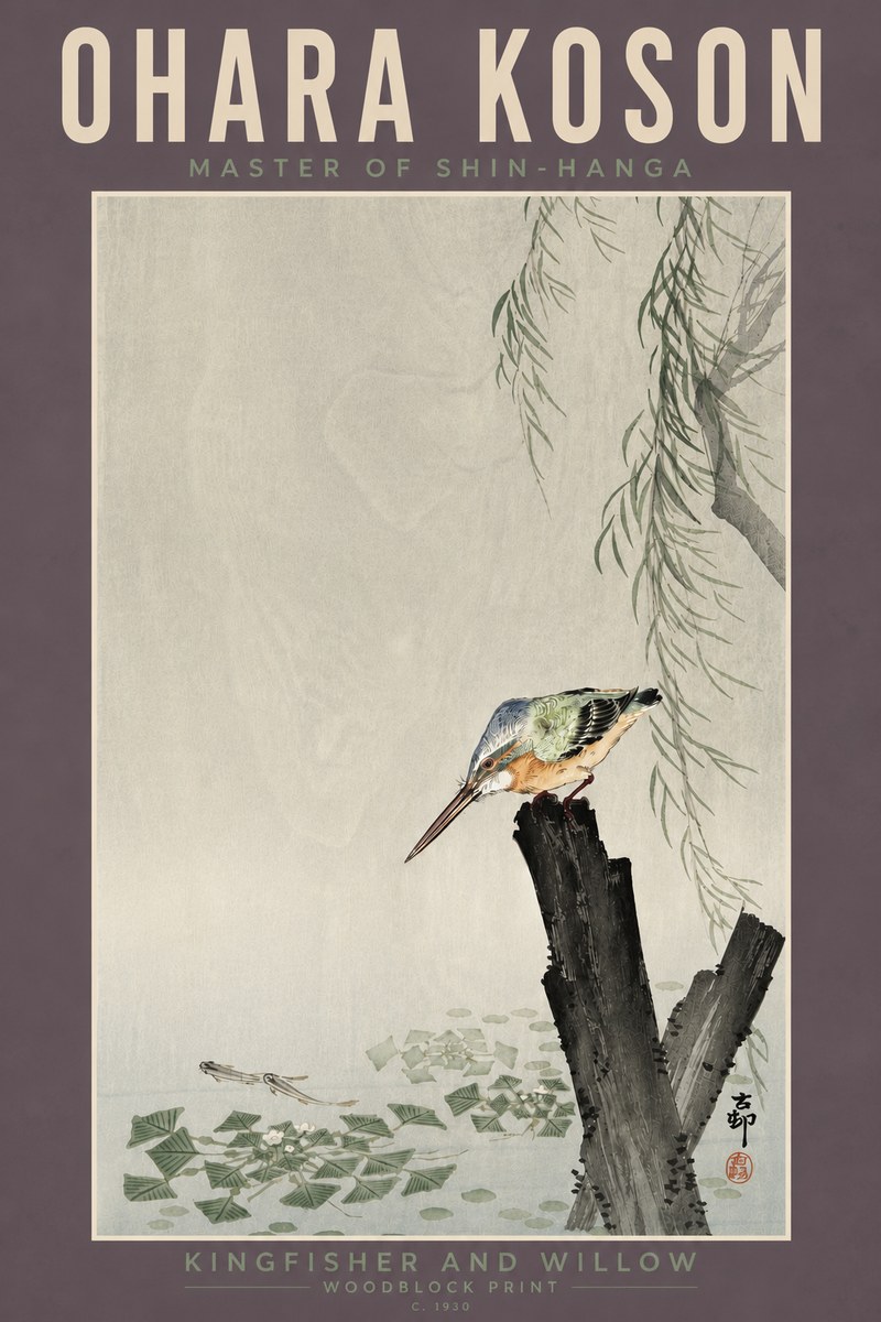 Ohara Koson Kingfisher and Willow No4 - Affiche