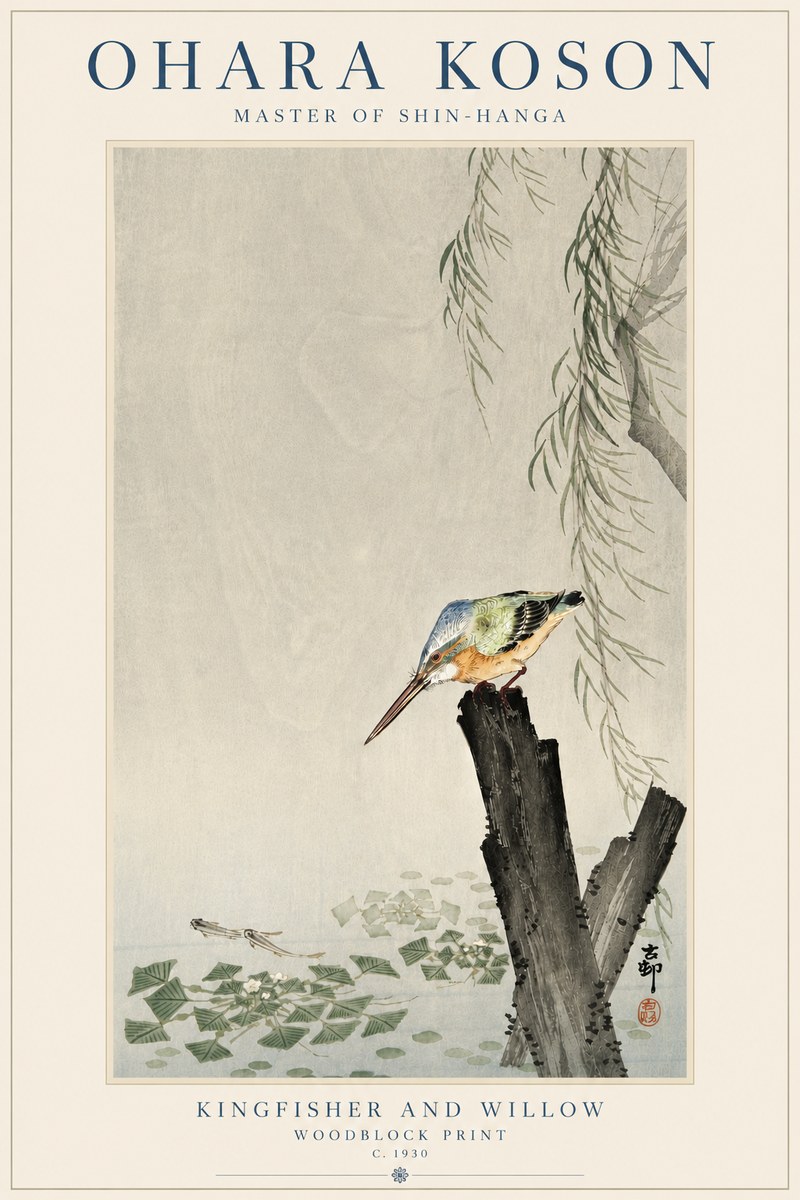 Ohara Koson Kingfisher and Willow No5 - Affiche